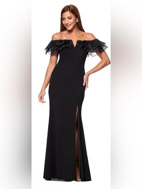 XSCAPE BLACK Ruffled Off-The-Shoulder Side-Slit LONG Gown. Size 6. NWT.
